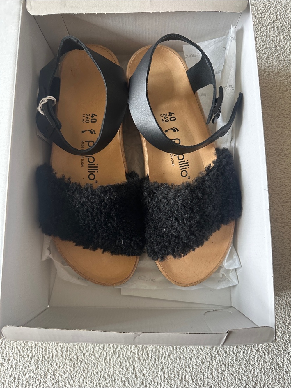 Brand new in the box Papillio Birkenstock Black Fuzzy Strap Sandals. Size 9.
